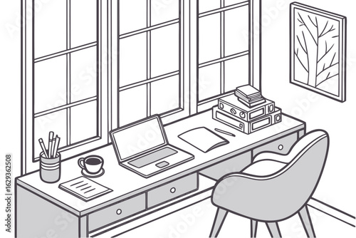 A cozy and organized home office setup featuring a laptop coffee books and art by a large window