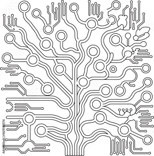 Futuristic Circuit Tree Vector – Tech-Inspired Abstract Line Art Design for Innovation and Technology Concepts, circuit tree, tech tree, technology line art