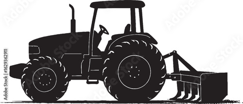 Black and White Silhouette of Tractor with Box Blade in Action on Isolated White Background