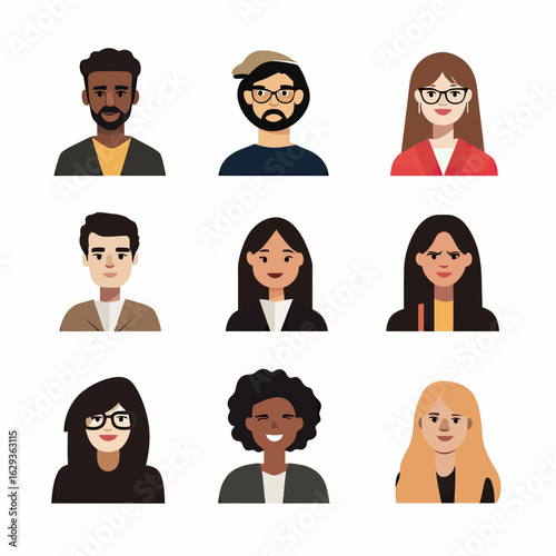 Set of diverse flat minimalist vector avatars male and female faces various ethnicities with different hairstyles and eyeglasses