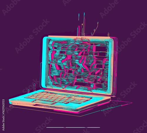 Glitched laptop with 3D distorted digital glitch effect, anaglyph style retro technology illustration, flat minimalist vector design with vibrant neon colors and screen interference patterns