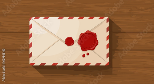 Vintage envelope with red wax seal on wooden background  