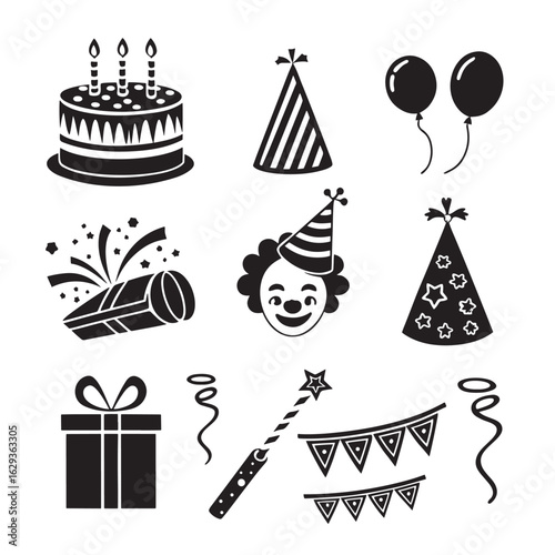 Collection of black and white birthday party icons including cake balloons party hats clown face gift and confetti for celebration design