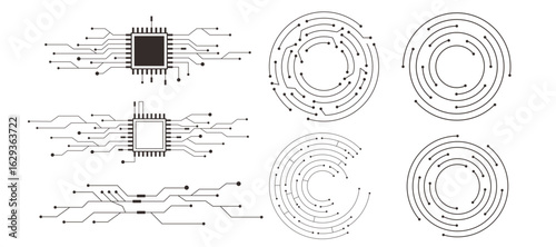 Circuit board circle line dots connection. Motherboard electronic technology data, electrical board, cpu. Innovative Electronic Network. Technology background, design elements 