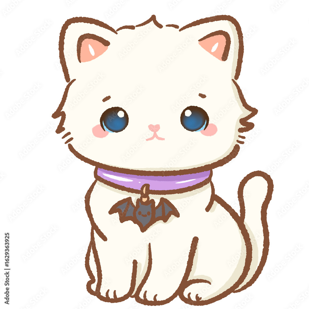 Fototapeta premium Cute white kitten wearing purple collar with bat charm kawaii Halloween cat illustration adorable spooky accessory gothic autumn fantasy magical pet character seasonal digital art