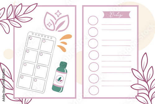 Aesthetic planner pages featuring a daily checklist and a habit tracker with botanical elements and a bottle of essential oil