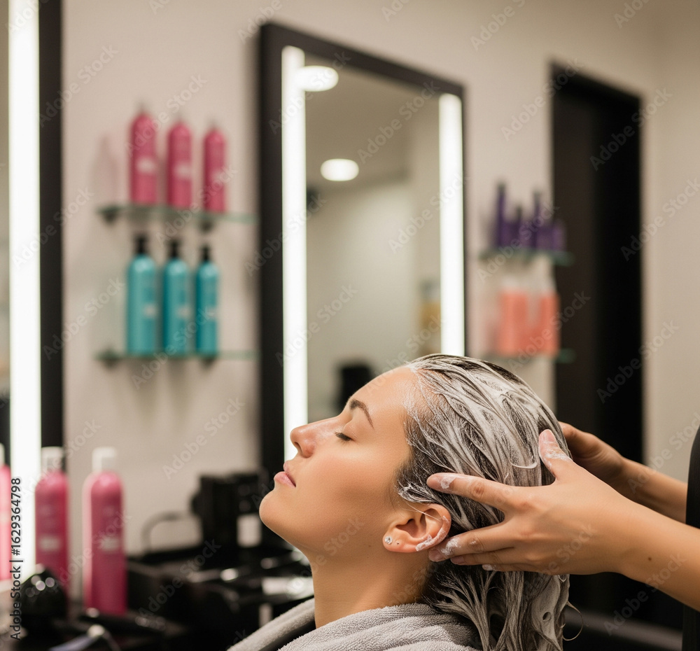 Fototapeta premium A woman receives a relaxing hair treatment at a modern salon. A stylist massages a creamy product into her hair, creating a peaceful scene of beauty care and pampering.