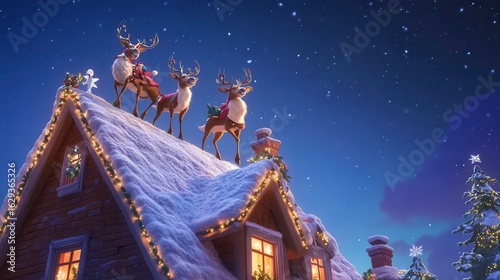 Santa Claus on Rooftop with Reindeer in Winter Wonderland Night