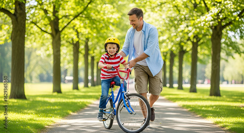 Father teaching son to ride a bicycle, family activity