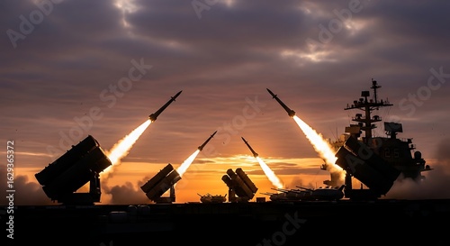 Spectacular Launch of Guided Missiles from a Warship at Dusk Demonstrating Military Power