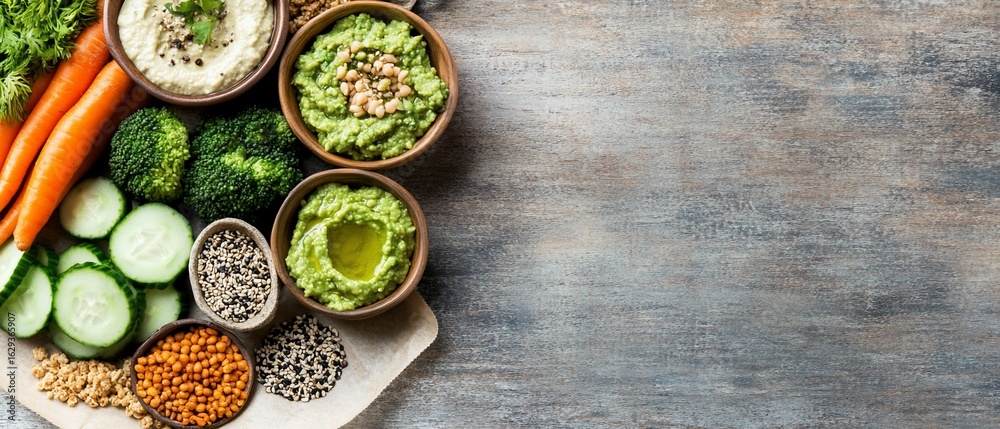 Fototapeta premium Healthy dips with fresh vegetables and seeds