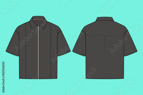Men's Short Sleeve Zip Through Oversized Polo Shirt Technical Fashion Flat Sketch CAD.