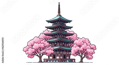 A vibrant illustration depicts a traditional Japanese pagoda surrounded by blossoming cherry trees, set against a clean white backdrop, evoking a sense of serenity and cultural beauty.