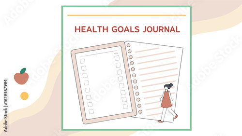 Health goals journal illustration a woman tracking progress towards wellness objectives with a checklist and lined paper