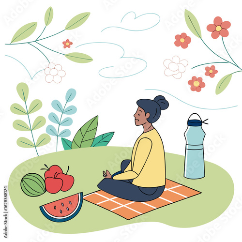 A woman meditates peacefully outdoors surrounded by nature fruit and a water bottle enjoying a serene moment of mindfulness