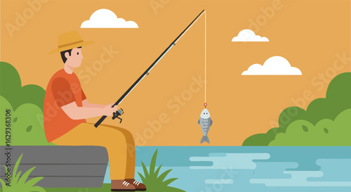 Vector illustration of man fishing on lake