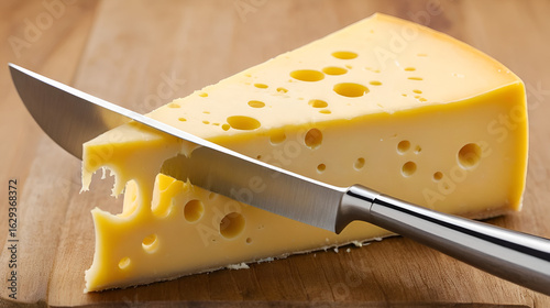 Cheese on Knife: A close-up shot features a generous slice of yellow cheese, complete with its distinctive holes, artfully impaled on a sleek, silver knife, offering a visual delight.