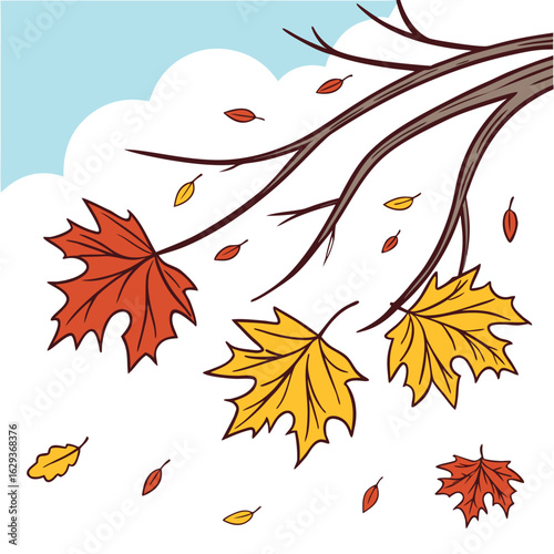 Autumn leaves in vibrant reds and yellows drift down from bare branches against a backdrop of fluffy white clouds and a pale blue sky