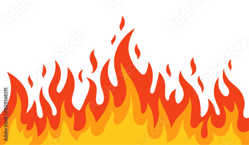 A fire with orange flames is shown as seamless border isolated on transparent background. The fire is very large and has a lot of flames