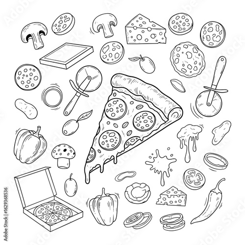 A hand drawn sketch of various pizza ingredients and slices in a whimsical silhouette style