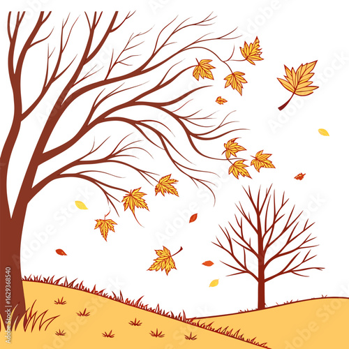 Autumn leaves dance in the wind as bare trees stand on a golden grassy hill under a bright white sky
