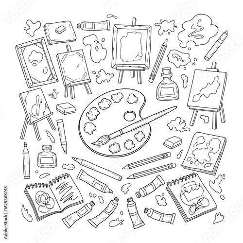 Artistic collection of drawing and painting supplies including an easel palette brushes ink bottles and picture frames silhouette