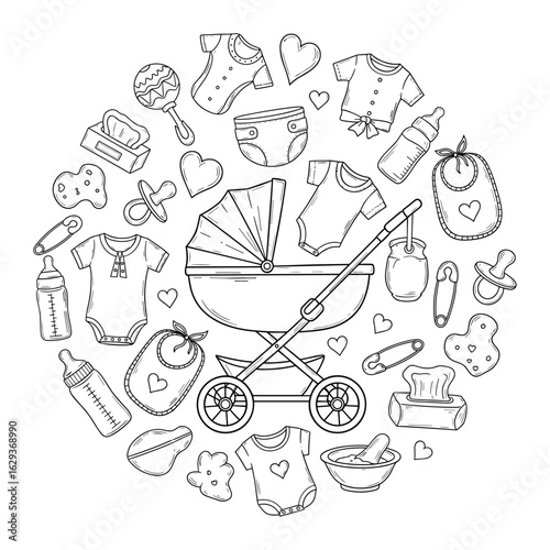 Circular arrangement of baby items and a vintage pram in a charming sketch silhouette style