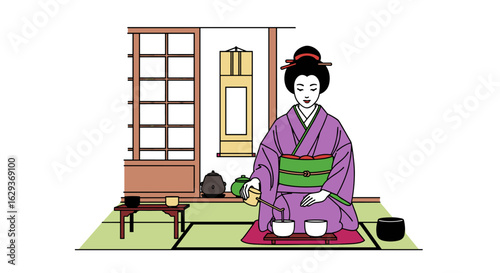 A traditional Japanese woman in a kimono performs a tea ceremony, blending matcha in a serene, minimalist room with tatami mats and paper screens.