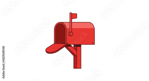 A simple red mailbox illustration with an open door and raised flag, isolated on a white background. Vector graphic for communication and postal service concepts.