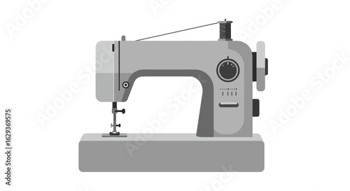 Gray electric sewing machine isolated on white background. Illustration for tailoring, crafting, and fashion design hobbies.