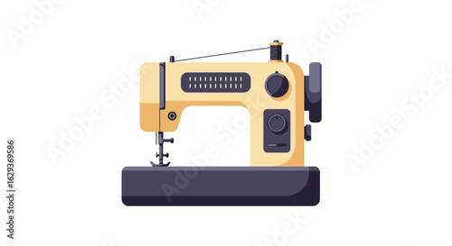 Modern yellow sewing machine illustration, a tool for tailoring, dressmaking, and craft hobbies, isolated on white.
