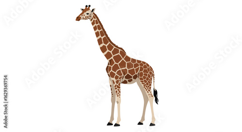 Realistic illustration of a tall giraffe standing in profile, isolated on a white background. African wildlife vector art.