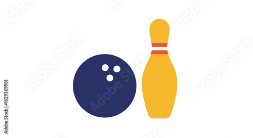 Bowling sport game icon. A flat design illustration of a bowling ball and a single pin symbol, isolated on a white background.