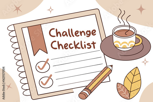 A cozy and motivating challenge checklist with a warm cup of coffee and a pencil perfect for tracking personal growth and achievements