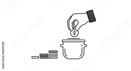 A simple line art icon of a hand dropping a coin into a pot, symbolizing savings, investment, and financial growth.