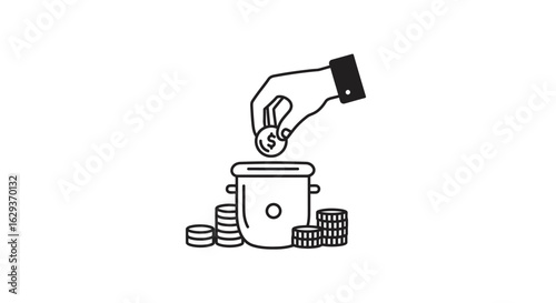 Simple line art icon of a hand dropping a dollar coin into a savings pot. A minimalist concept for charity, investment, and finance.