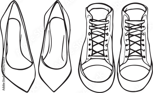 Elegant high heels and casual sneakers, fashion footwear illustration