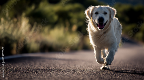 A happy, white Golden Retriever dog running on the road in summer, with motion blur, fast shutter speed, and a bokeh background