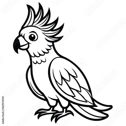 Cartoon cockatoo isolated on white background in black and white