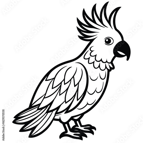 Cartoon cockatoo isolated on white background in black and white