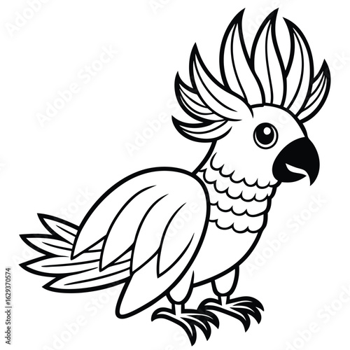 Cartoon cockatoo isolated on white background in black and white