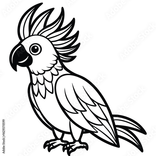 Cartoon cockatoo isolated on white background in black and white