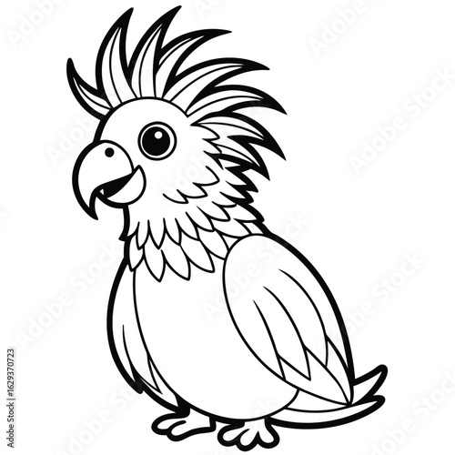 Cartoon cockatoo isolated on white background in black and white