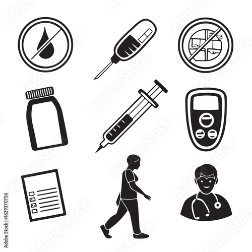Collection of medical icons representing diabetes care including blood glucose meter syringe medication and patient illustration