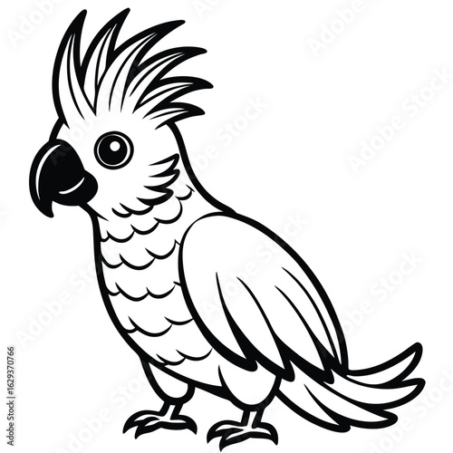 Cartoon cockatoo isolated on white background in black and white