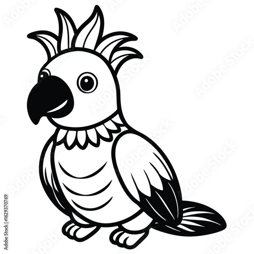 Cartoon cockatoo isolated on white background in black and white