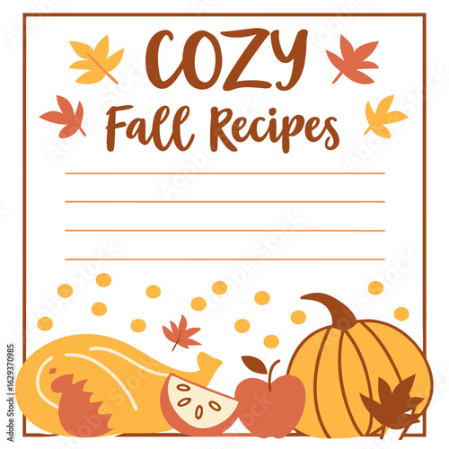Cozy fall recipes a charming autumn themed recipe card template featuring pumpkins apples and falling leaves perfect for jotting down seasonal culinary creations