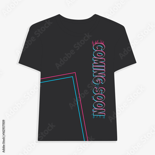 Coming Soon" Glitch T-shirt Graphic. An 80s vaporwave style print for announcements.