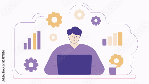 Illustration of a person working on a laptop with gears and bar graphs in a cloud shaped background