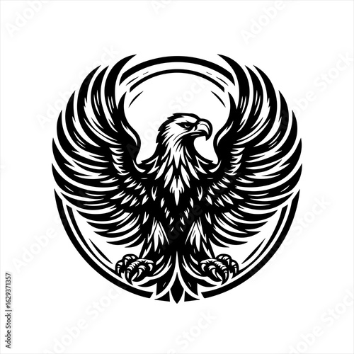 Stylized black eagle emblem with wings spread wide within a circle